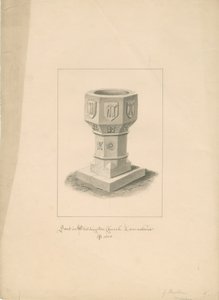 Lancashire - Chiesa di Waddington - Fonte battesimale (disegno a seppia, 1808) da John Buckler