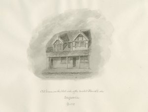 Città di Leek - Vecchie case in Market Place: disegno a seppia da John Buckler