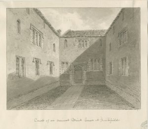 Lichfield - Cortile della vecchia casa nel The Close: disegno seppia da John Buckler