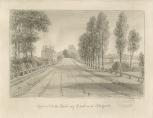 Stafford - Accesso alla stazione ferroviaria: disegno a seppia da John Buckler