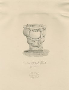 Stafford - Fonte battesimale nella Chiesa di Santa Maria: disegno a seppia da John Buckler