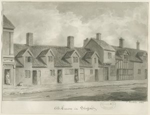 Stafford - Vecchie case [in Eastgate Street]: disegno a seppia da John Buckler