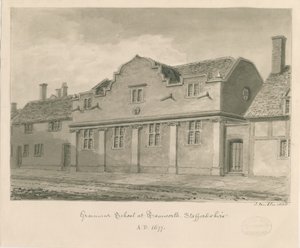 Tamworth - Scuola di Grammatica: disegno seppia, 1838 da John Buckler