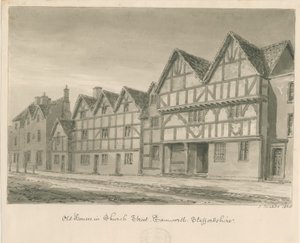 Tamworth - Vecchie case in Church Street (disegno a seppia, 1838) da John Buckler
