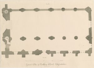 Chiesa priorale di Tutbury - Pianta: disegno a matita e seppia, nd [?1812] da John Buckler