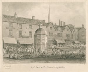 Uttoxeter Town - Piazza del Mercato: disegno a seppia da John Buckler