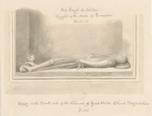 Chiesa di Weston-under-Lizard - Effigie di Sir Hugh de Weston: disegno a seppia, 1842 da John Buckler