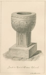 Worcestershire - Droitwich - Fonte battesimale della chiesa di San Pietro (disegno a seppia, 1833) da John Buckler