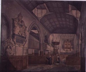 Veduta Interna della Chiesa di St. Giles, Cripplegate, guardando a ovest, mostrando il Monumento di Constance Whitney da John Carter