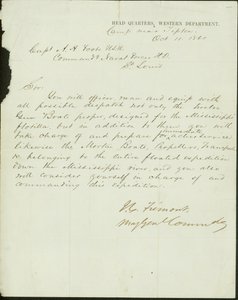 Lettera firmata J.C. Fremont, Maggiore Generale Comandante, Quartier Generale, Dipartimento Occidentale, campo vicino a Tipton, al Capitano A.H. Foote, U.S.N. Comandante delle Forze Navali H.D., St. Louis, 11 ottobre 1861 da John Charles Frémont