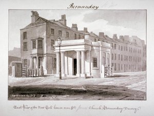 Vista est della nuova casa del pedaggio vicino alla chiesa di San Giacomo, Bermondsey, Londra