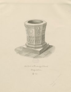 Fonte battesimale nella Chiesa di Penkridge: disegno a seppia, 1841