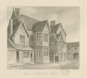 Stafford - Vecchie Case in Crabbery Lane (disegno a seppia, 1841) da John Chessell Buckler