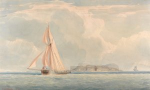 Barca che naviga a sinistra con isola sullo sfondo da John Christian Schetky