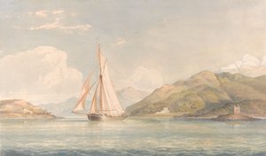 Barca che naviga a sinistra con montagne sullo sfondo da John Christian Schetky