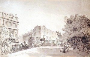 Veduta di Fitzroy Square con Due Figure che Tirano un Rullo da Giardino, c.1808 da John Claude Nattes