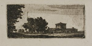 Alberi e edifici con torre bassa da John Clerk of Eldin