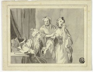 Illustrazione letteraria: Un uomo anziano trattiene una giovane donna accompagnata da una donna più anziana da John Collet