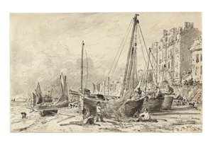 Barche da pesca arenate con pescatori che riparano le reti sulla spiaggia a Brighton, guardando a ovest, c.1824-28