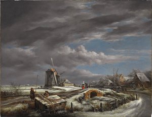 Paesaggio invernale con figure su un sentiero, un ponticello e mulini a vento oltre