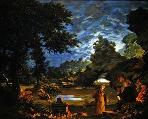 Monaci con una lanterna in un paesaggio roccioso al chiaro di luna