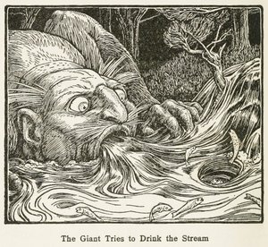 Il gigante cerca di bere dal ruscello, da Il libro delle fiabe di Europa, pub. 1916 (incisione)
