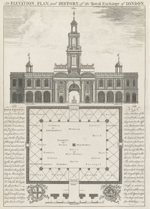 Elevazione, pianta e storia della Royal Exchange di Londra da John Donowell