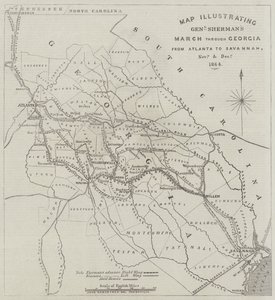 Mappa che illustra la Marcia del Generale Sherman attraverso la Georgia da Atlanta a Savannah, Novembre e Dicembre 1864