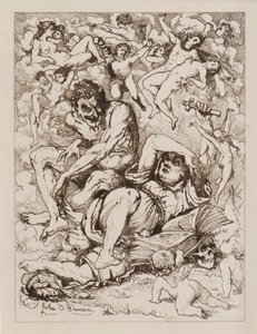 Figura reclinata che tiene una croce, il diavolo seduto vicino circondato da figure fluttuanti da John Duncan