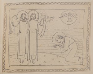 Figura inginocchiata e due angeli