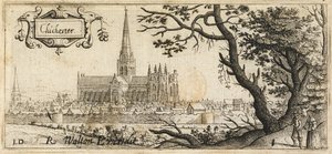 Due figure in piedi accanto a un grande albero sul lato destro in primo piano; la città di Chichester in lontananza; le mura della città che attraversano la scena; la Cattedrale di Chichester al centro dell