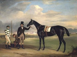 "Pussy", un cavallo da corsa marrone scuro con il suo allenatore, "Old John" Day, Mr T. Cosby e W. B. Day a Epsom da John E. Ferneley