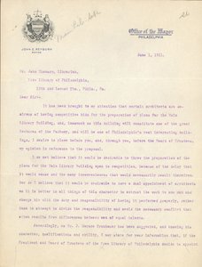 Lettera del sindaco John Reyburn al bibliotecario John Thomson che approva Horace Trumbauer come architetto dell