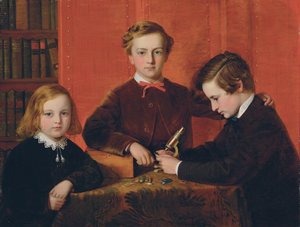 I giovani microscopisti: Ritratto di Frank, Harry e Arthur Izod Richards, di 10, 8 e 5 anni, che giocano con un microscopio da John Edgar Williams
