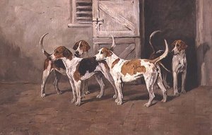 Quattro cani da caccia vicino a una porta della stalla da John Emms