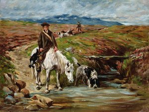 Cavallo e spaniel che bevono da un ruscello da John Emms