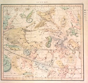 Carta celeste: Autunno, con segni dello zodiaco e posizioni delle stelle (incisione) da John Emslie