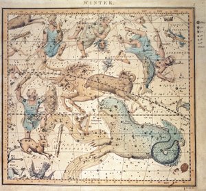 Carta celeste: Inverno, con segni dello zodiaco e posizioni delle stelle (incisione) da John Emslie