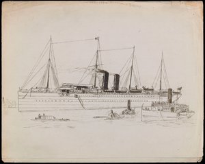 Nave a vapore vicino a una costa con rimorchiatore accanto. Transatlantico con rimorchiatore e piroscafo a pale Tilbury nelle vicinanze da John Everett