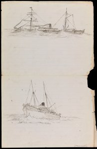 Schizzi di una nave da guerra e di altre due navi della Royal Navy