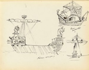 Schizzo di una nave da guerra romana, parte di una nave mercantile romana e una nave con vela spiegata, inizio XX secolo da John Everett