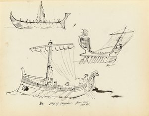 Schizzi di antiche navi tra cui una nave a vela e remi romana e la nave di Ulisse, 500 a.C. da John Everett