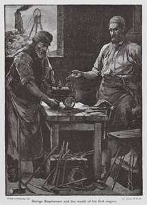 George Stephenson e il modello della sua prima locomotiva da John Eyre