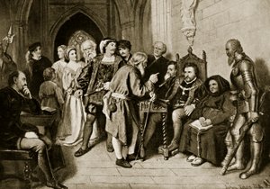 Giacomo IV in consiglio prima della battaglia di Flodden, 1513, illustrazione da 