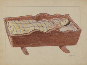Culla tedesca della Pennsylvania con bambola e coperta da John Fisk