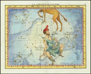 Carta stellare del 1776 delle costellazioni di Camelopardal e Auriga e delle costellazioni vicine, da Atlas Celeste de Flamsteed di Fortin da John Flamsteed