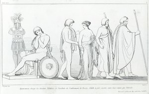 Agamennone incaricò gli araldi Taltibio ed Euribate di rapire Briseide; Achille la consegnò nelle loro mani tramite Patroclo. Disegno di John Flaxman. Iliade di Omero. Canto I