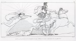 Apollo, dio del Sole, per preservare il corpo di Ettore lo copre interamente con la sua egida dorata. Canto XXIV. Disegno di John Flaxman. Iliade di Omero da John Flaxman