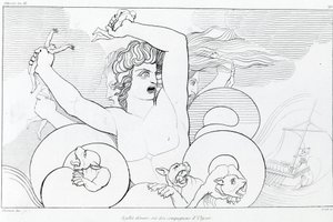 Episodio di Cariddi e Scilla: sei compagni di Ulisse vengono divorati. Disegno di John Flaxman (1755 - 1826). Odissea di Omero. Canto XII