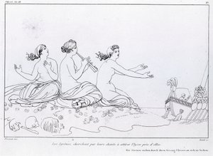 Le sirene cercano con il loro canto di attirare Ulisse. Disegno di John Flaxman (1755 - 1826). Odissea di Omero. Canto XII